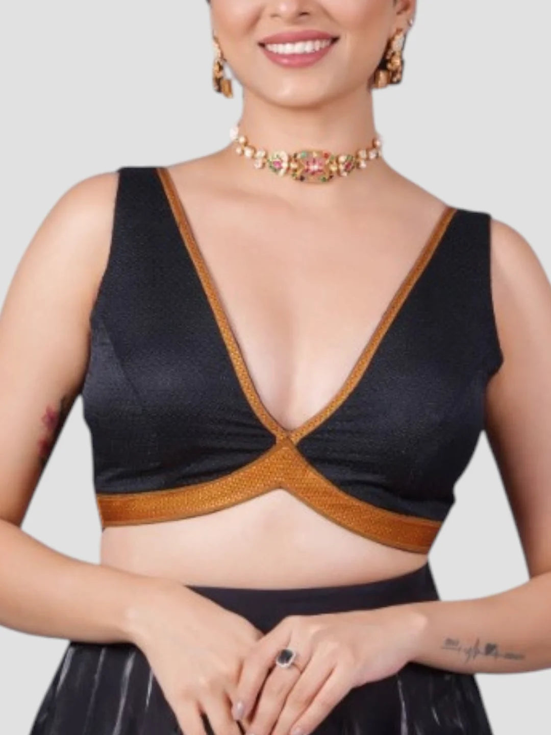 Black Silk V Neck Sleeveless Readymade Blouse