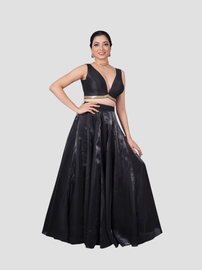 Black Silk Deep Neck Sleeveless Readymade Blouse