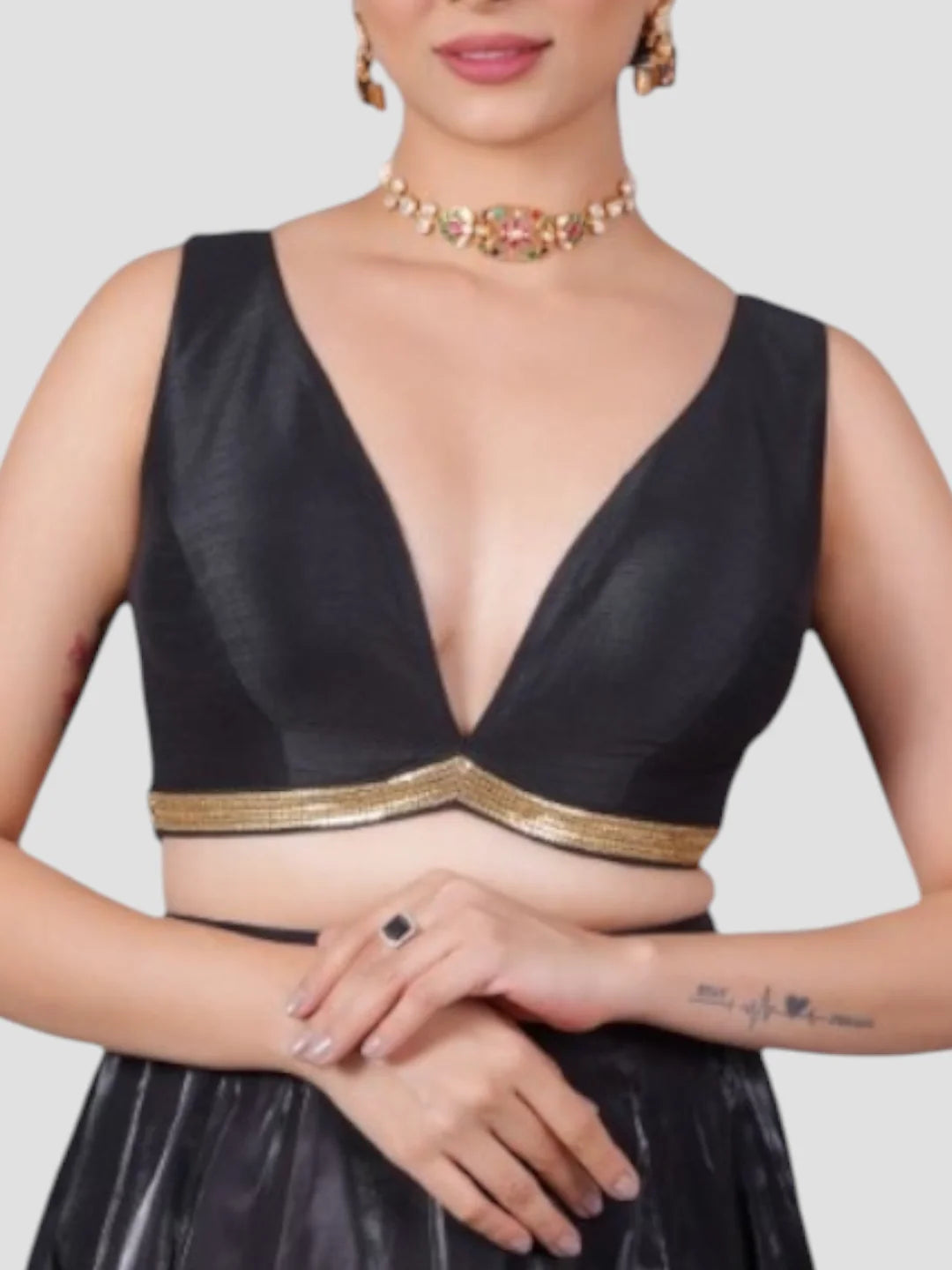 Black Silk Deep Neck Sleeveless Readymade Blouse