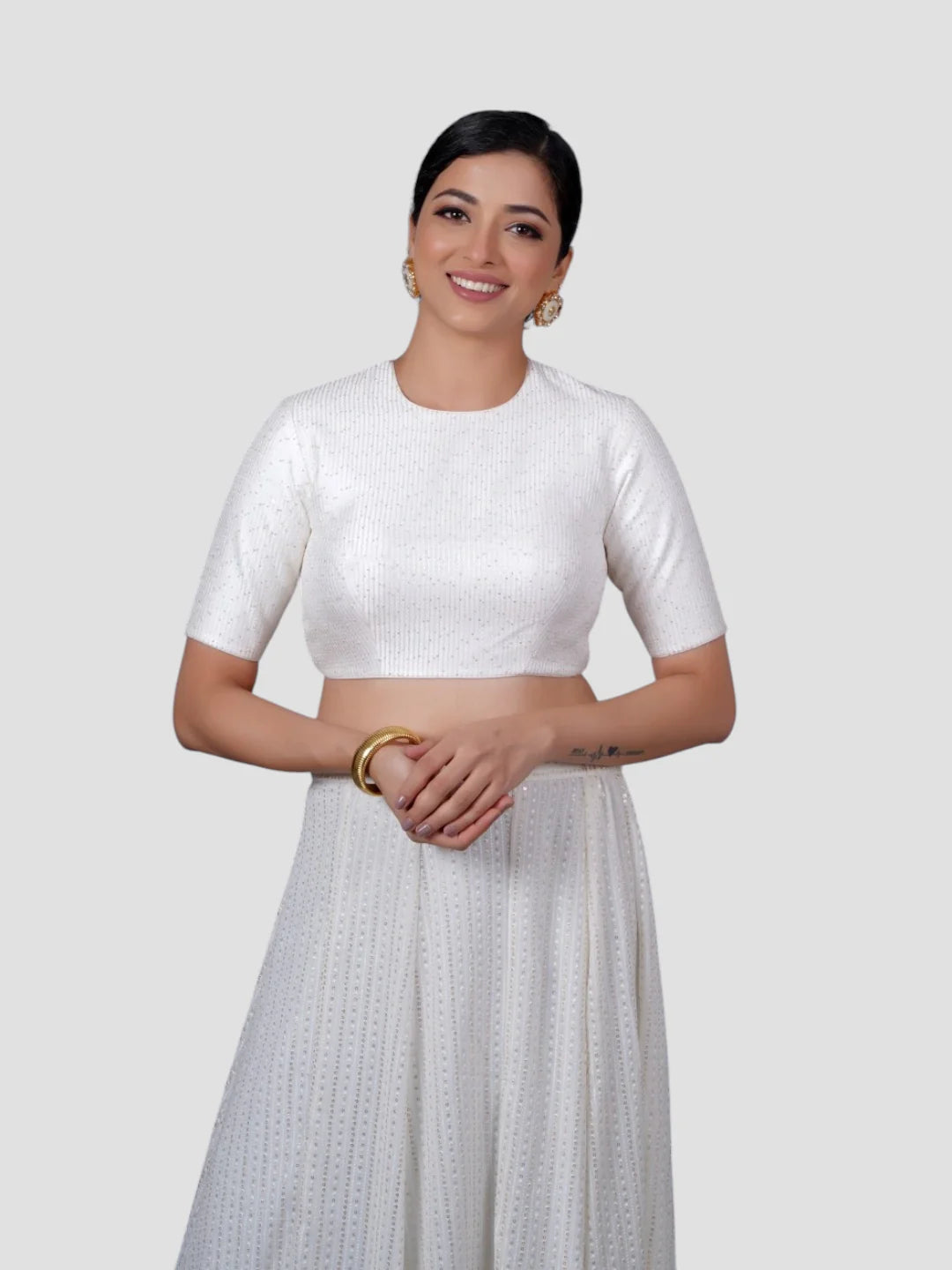 White Silk High Neck Half Sleeves Readymade Blouse