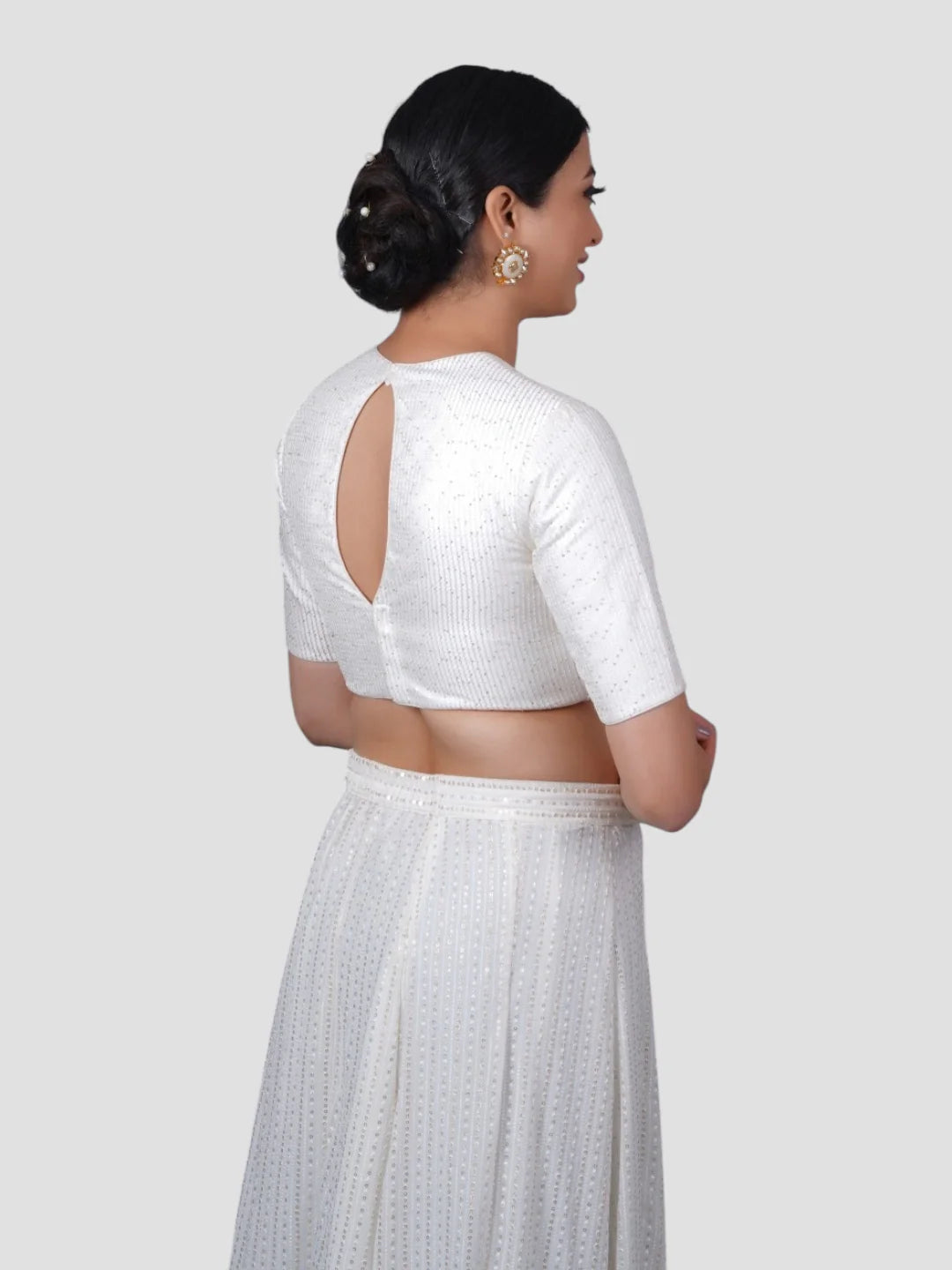 White Silk High Neck Half Sleeves Readymade Blouse