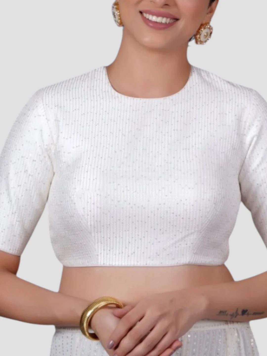 White Silk High Neck Half Sleeves Readymade Blouse