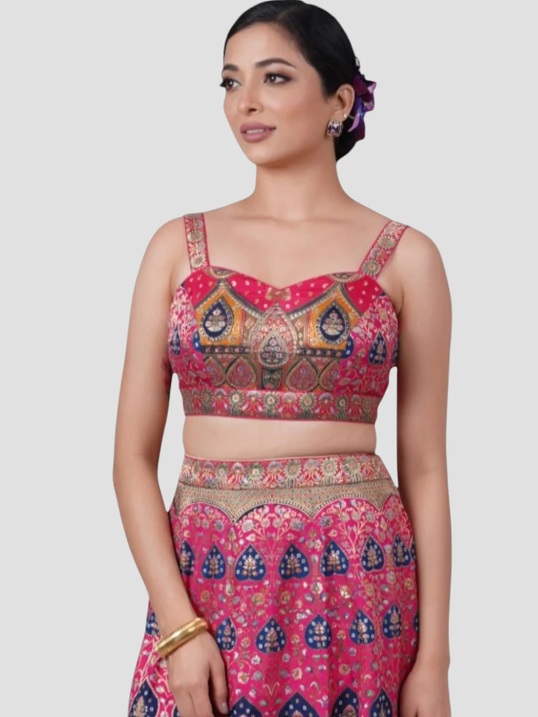 Rani Pink Brocade Lehenga with Blue Bandhani Touch