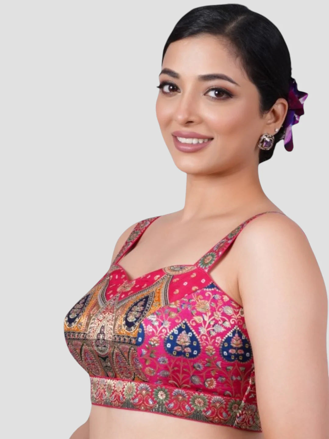 Rani Pink Brocade Lehenga with Blue Bandhani Touch