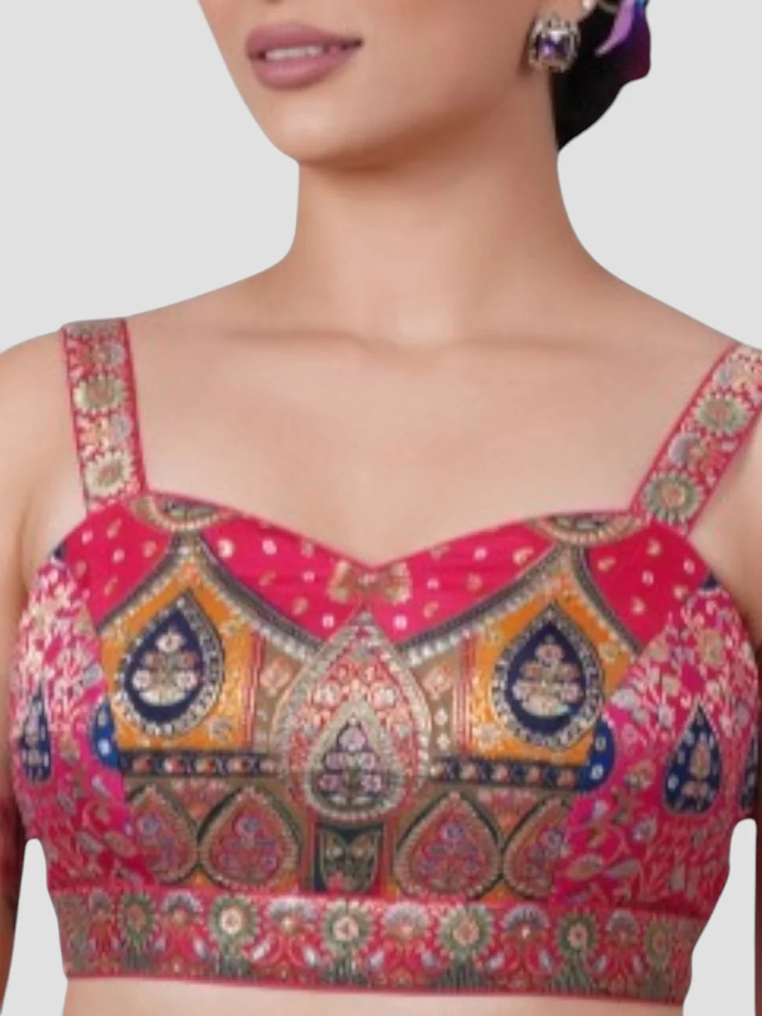 Rani Pink Brocade Lehenga with Blue Bandhani Touch