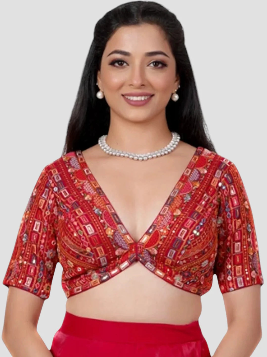Red Georgette Deep Neck Half Sleeves Readymade Blouse