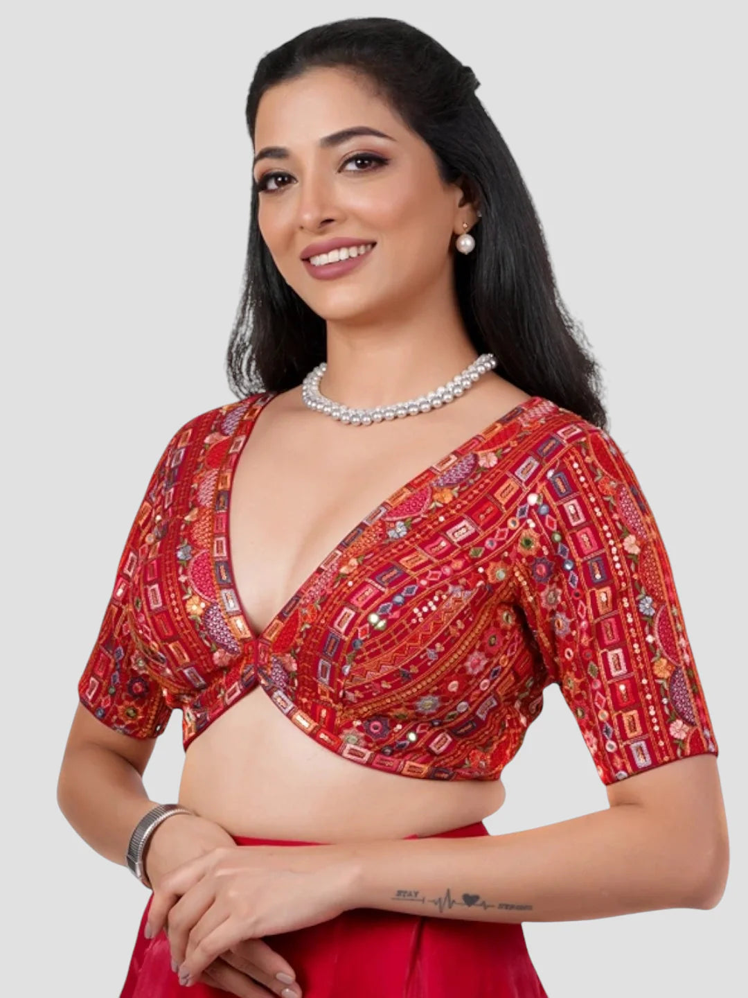 Red Georgette Deep Neck Half Sleeves Readymade Blouse