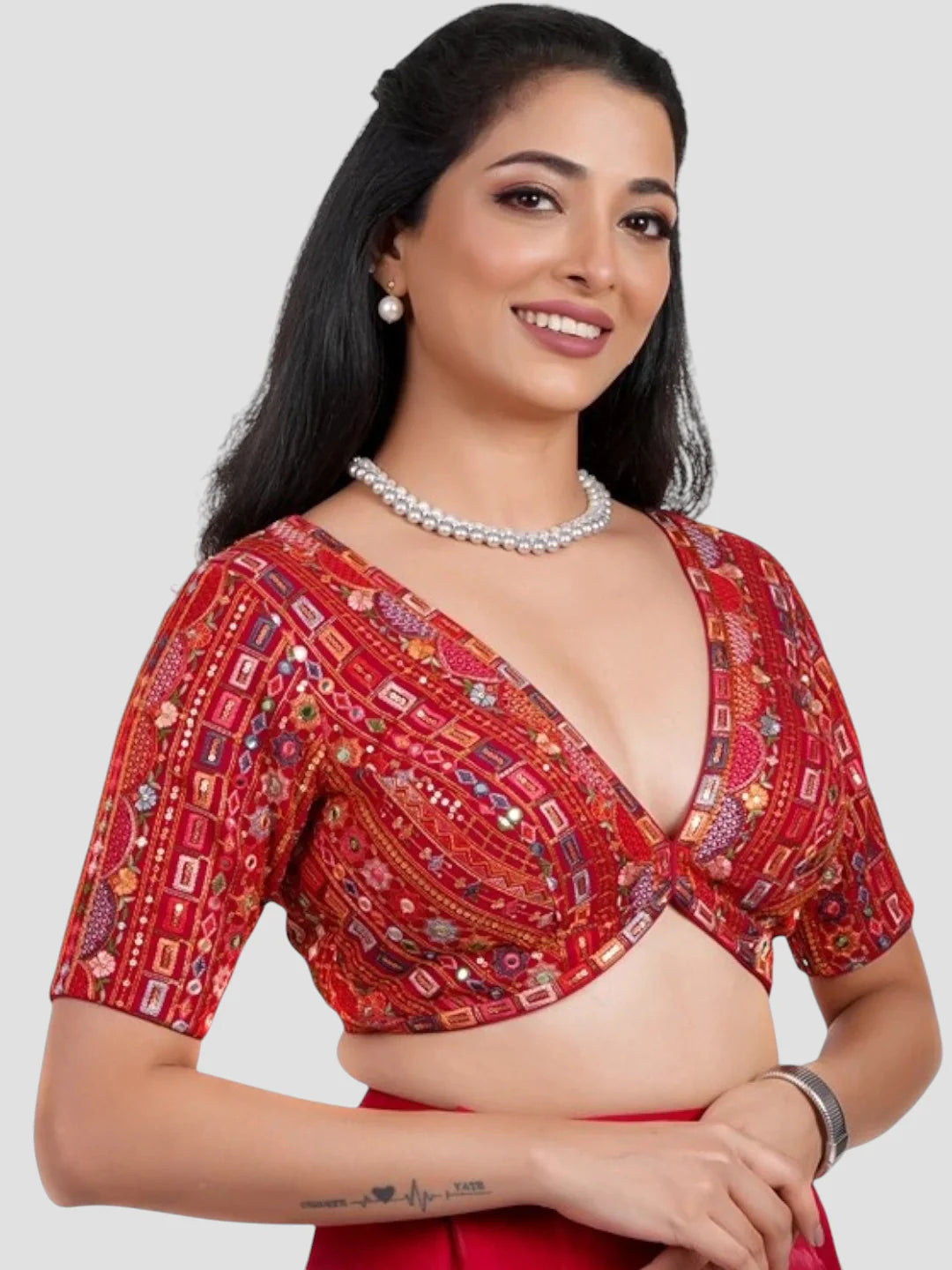 Red Georgette Deep Neck Half Sleeves Readymade Blouse