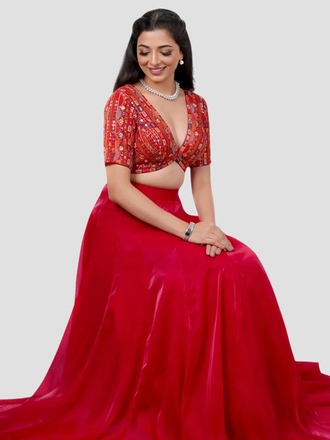 Red Georgette Deep Neck Half Sleeves Readymade Blouse