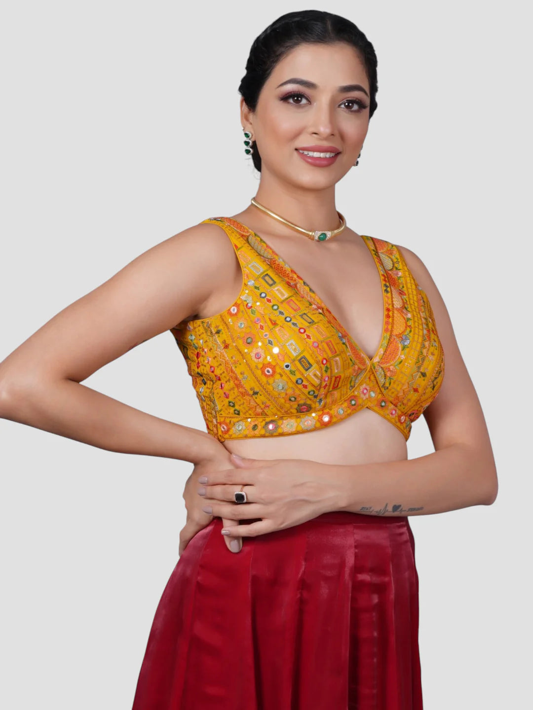 Yellow Georgette Deep Neck Sleeveless Readymade Blouse