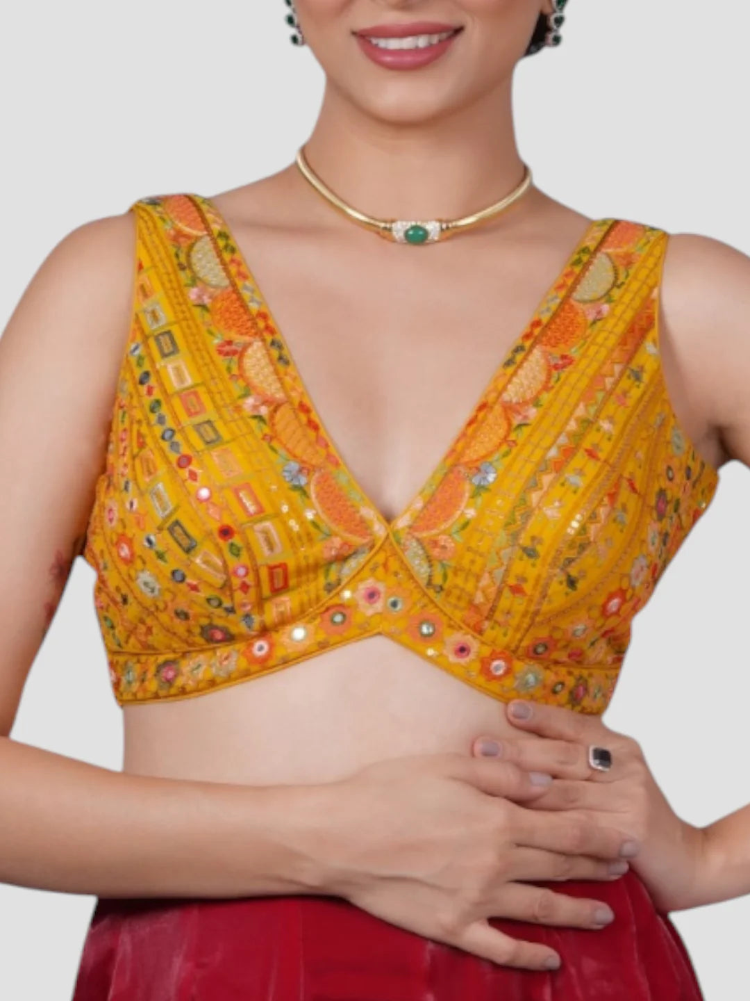 Yellow Georgette Deep Neck Sleeveless Readymade Blouse