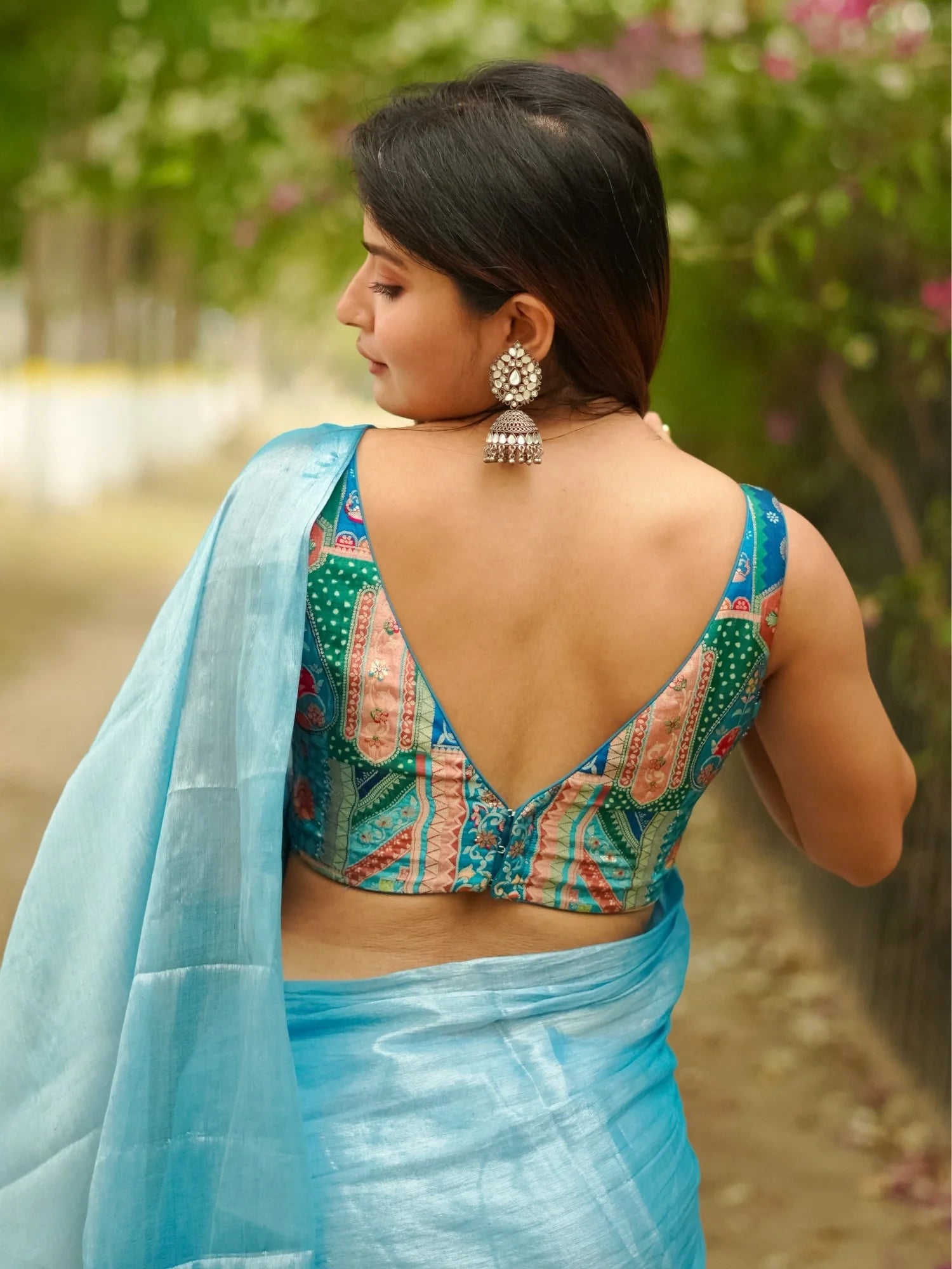 Blue Banaras Silk Multicolored Sleeveless Readymade Saree Blouse