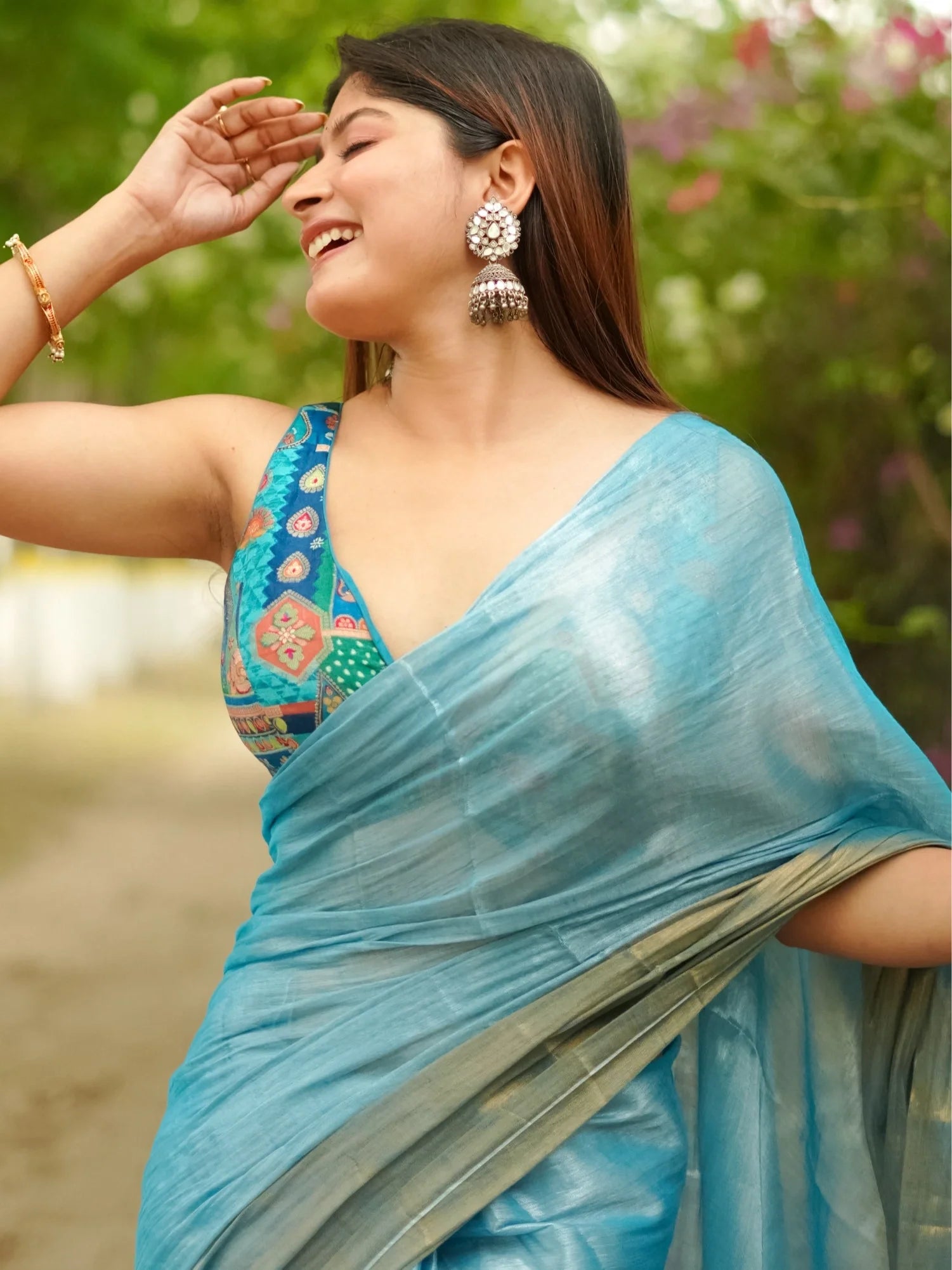 Blue Banaras Silk Multicolored Sleeveless Readymade Saree Blouse