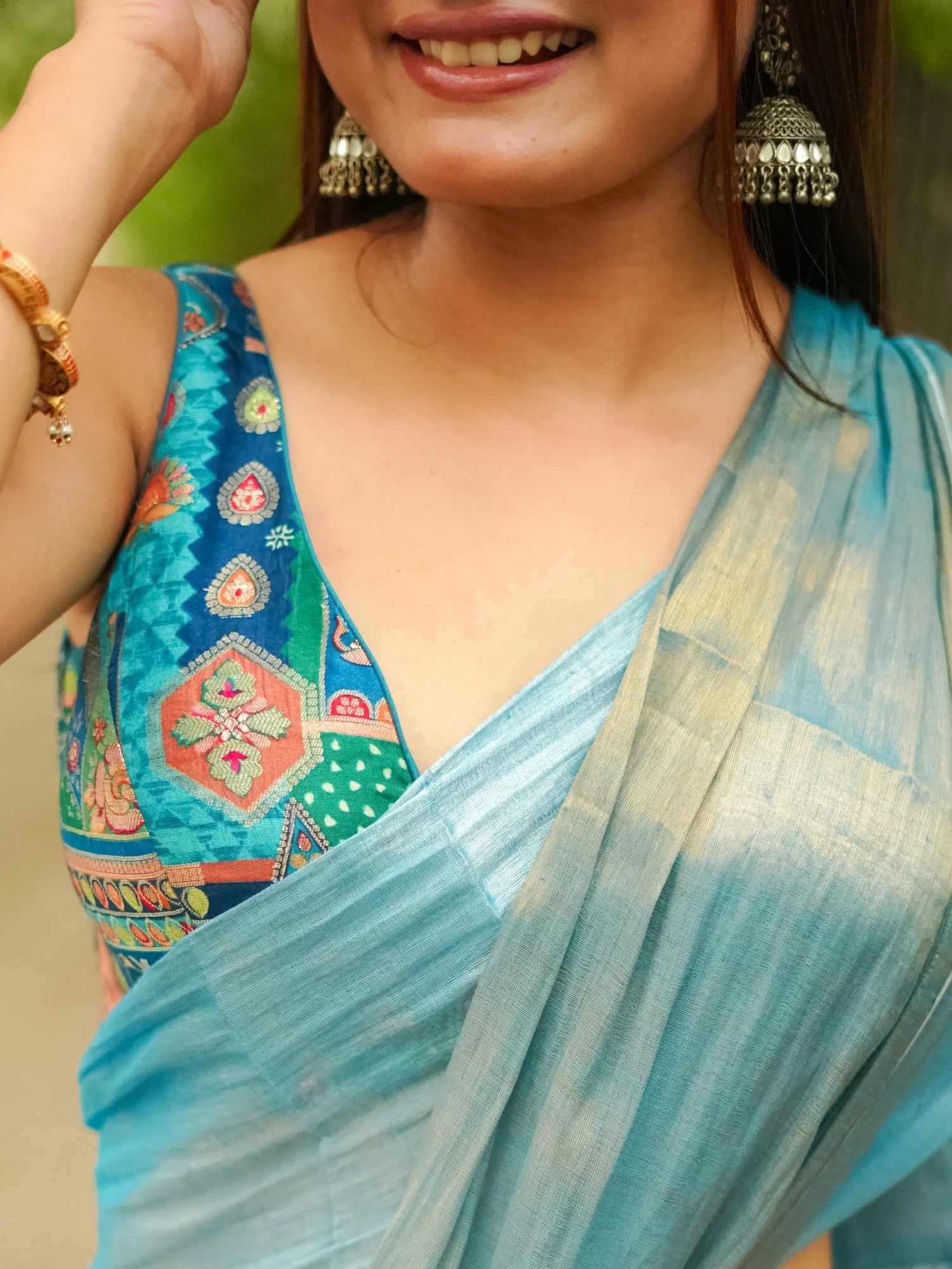 Blue Banaras Silk Multicolored Sleeveless Readymade Saree Blouse