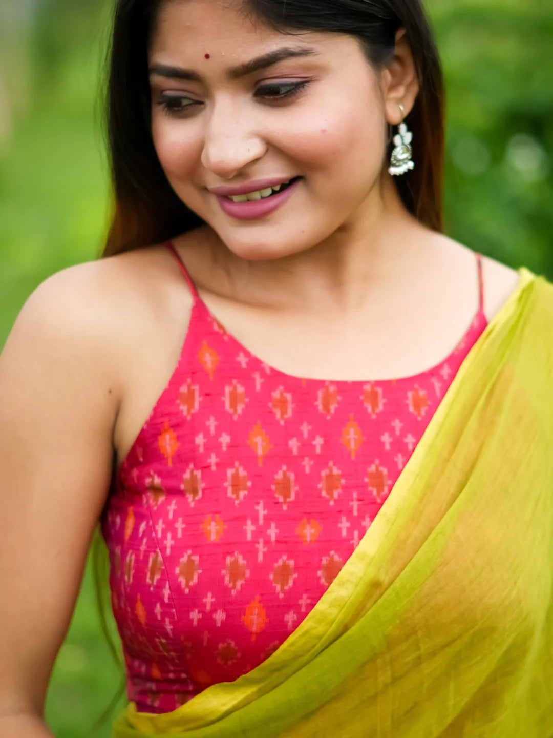 Pink Raw Silk Iqqat Print Sleeveless Readymade Blouse