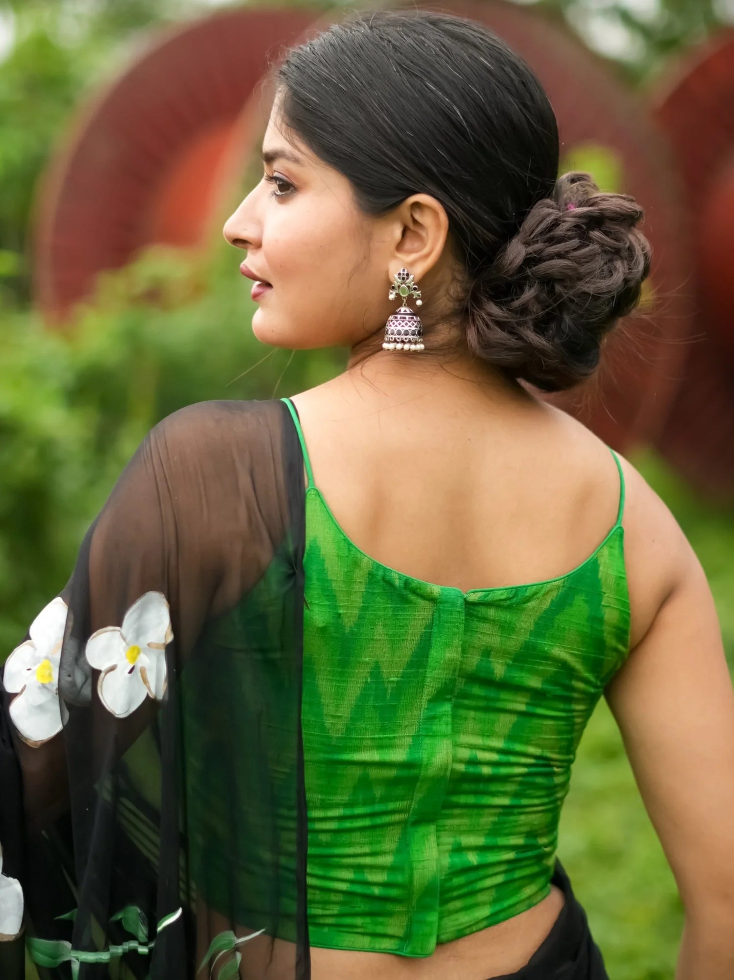 Green Iqqat Print Round Neck Sleeveless Readymade Blouse