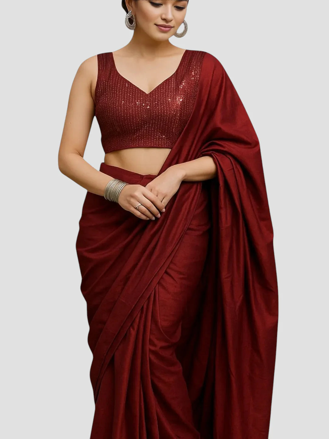 women-maroon-sleeveless-sequin-embellished-v-neck-readymade-saree-blouse