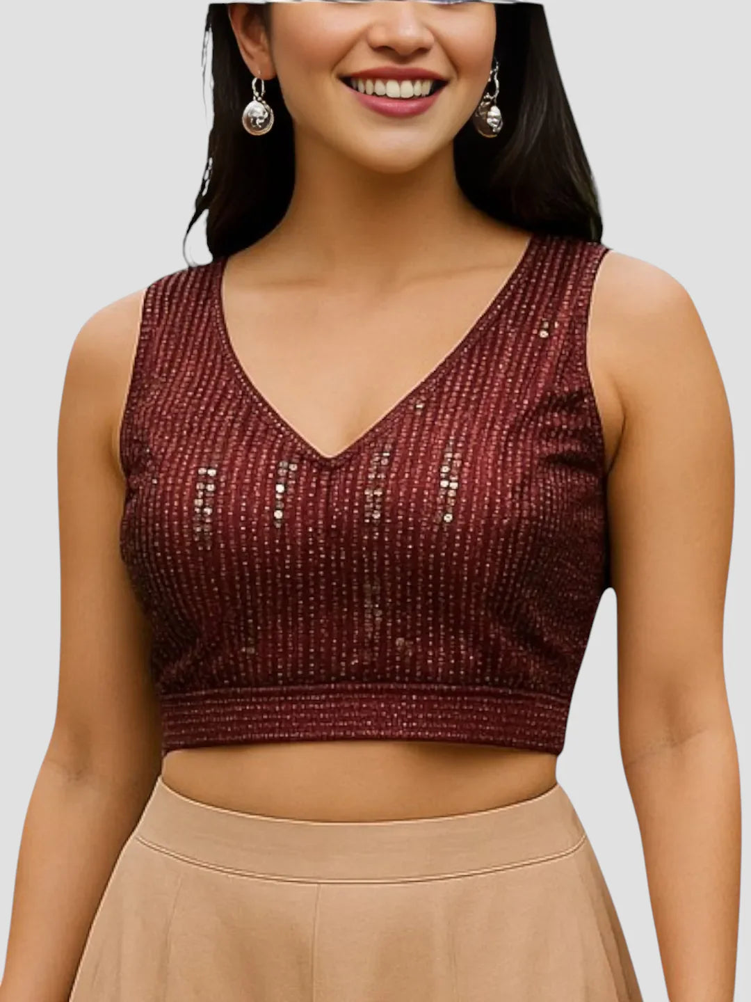 women-maroon-sleeveless-sequin-embellished-v-neck-readymade-saree-blouse