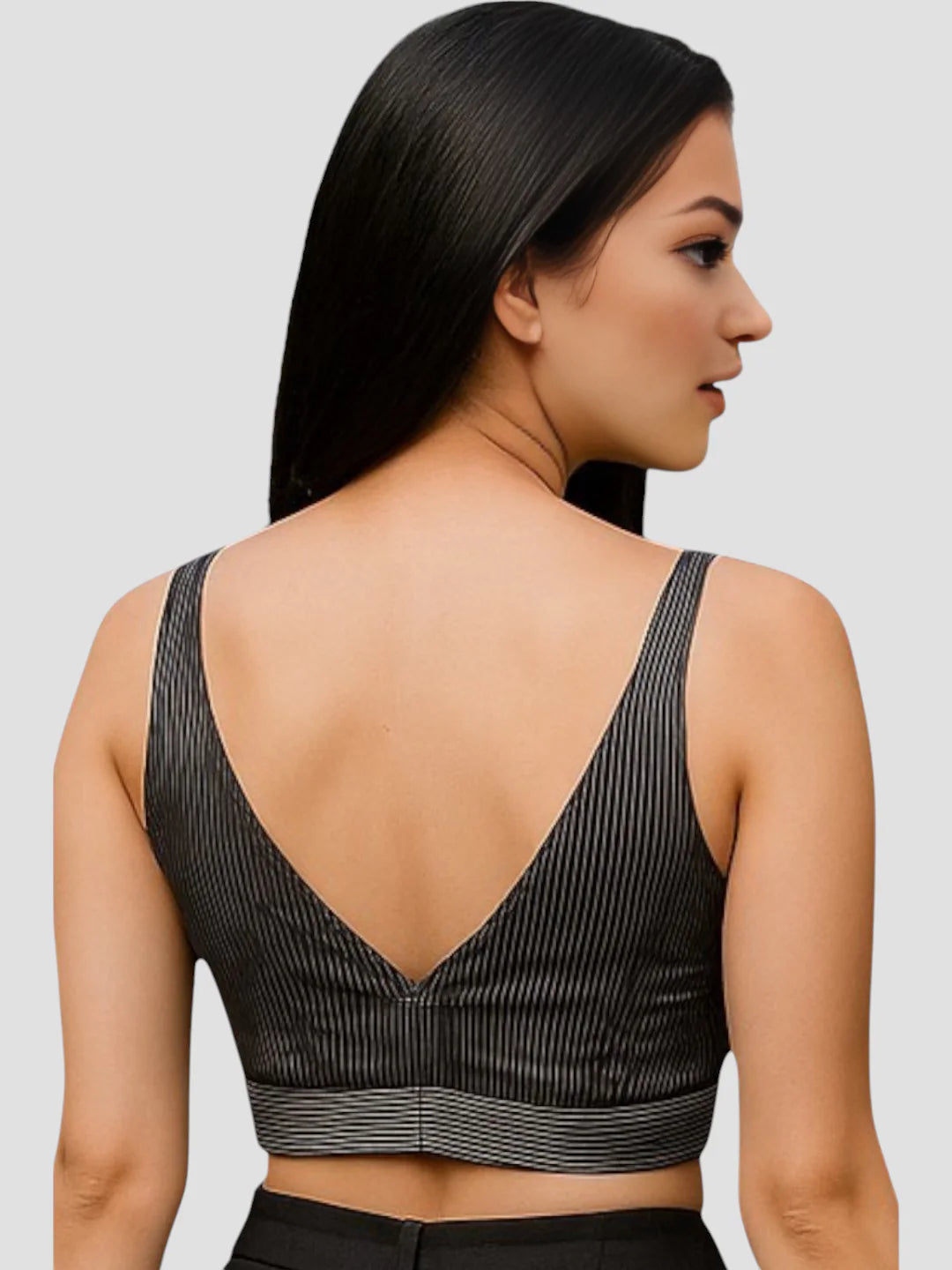 Black Pinstripe V Neck Readymade Saree Blouse