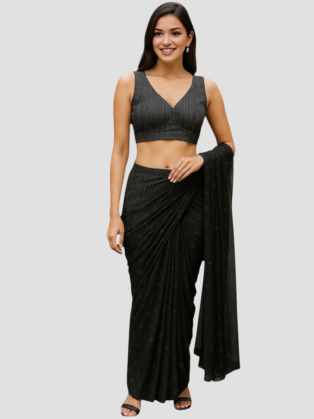 Black Pinstripe V Neck Readymade Saree Blouse