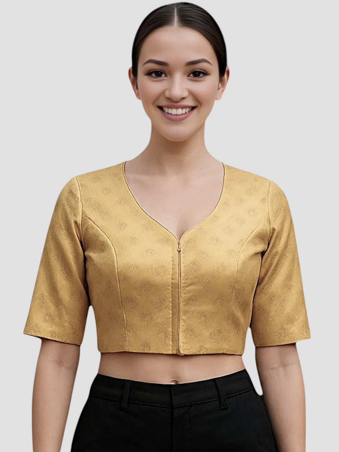 women-gold-brocade-v-neck-half-sleeve-readymade-saree-blouse