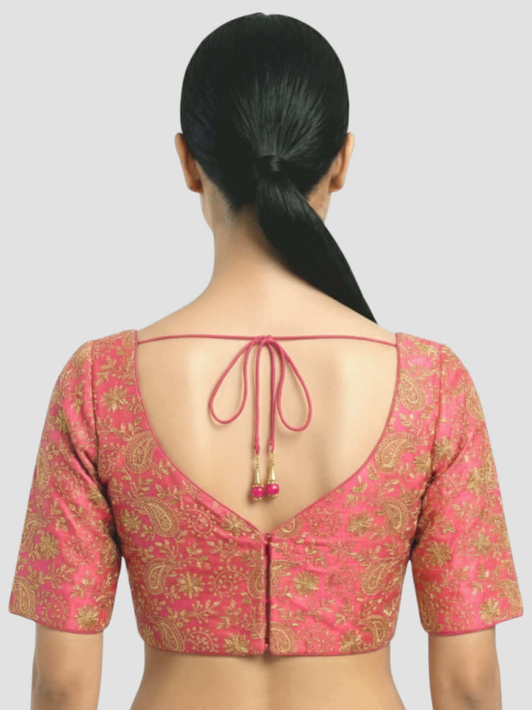 Pink Brocade Floral Paisley Half Sleeve Saree Blouse with Sweetheart Neckline & Back Tie-Up Dori