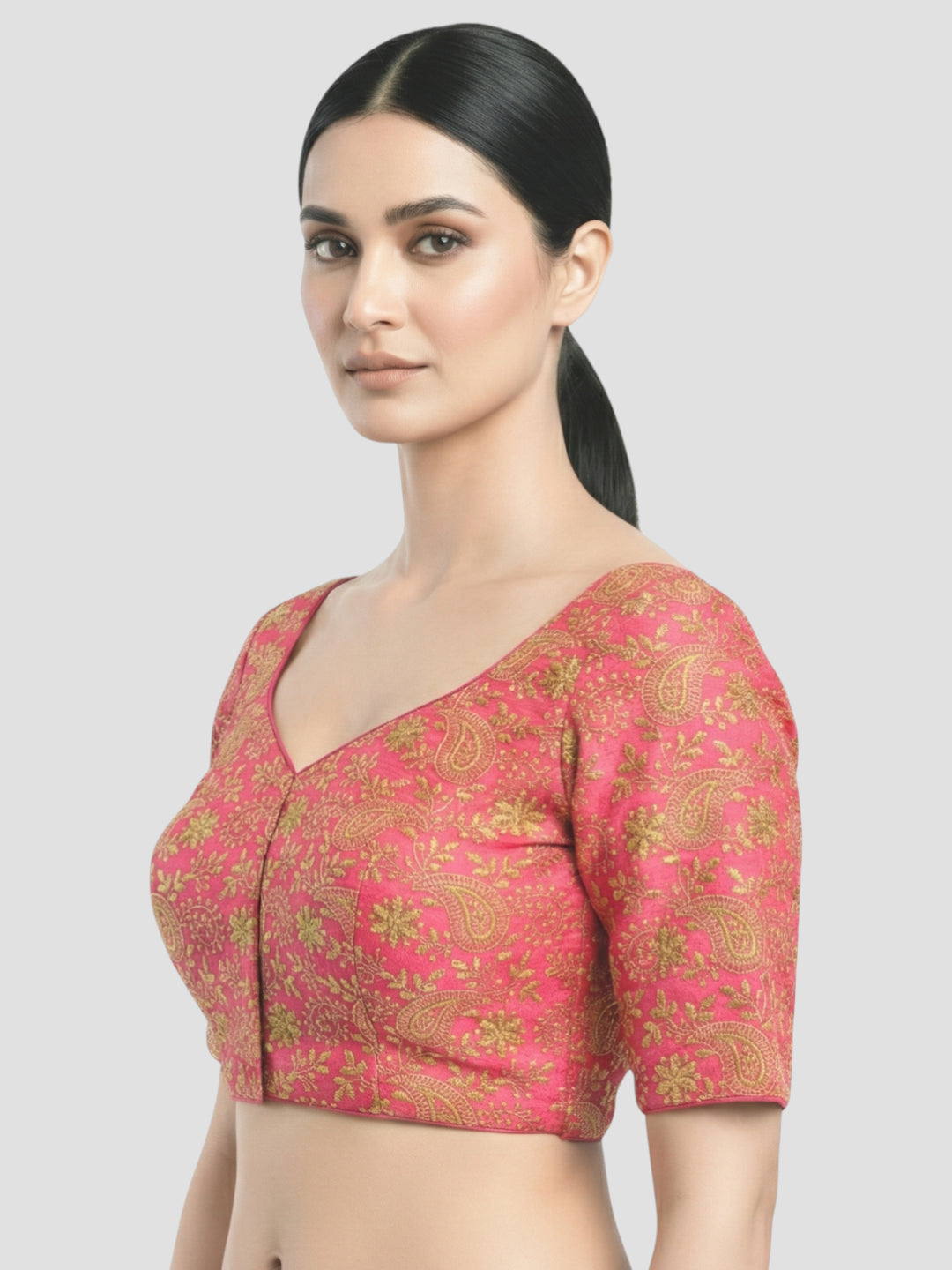 Pink Brocade Floral Paisley Half Sleeve Saree Blouse with Sweetheart Neckline & Back Tie-Up Dori