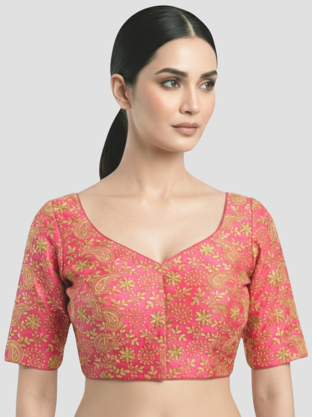 Pink Brocade Floral Paisley Half Sleeve Saree Blouse with Sweetheart Neckline & Back Tie-Up Dori