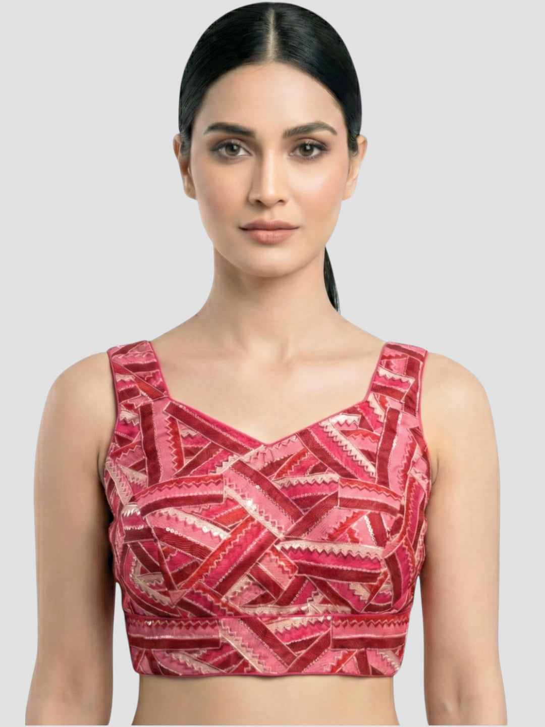 Pink Embroidered V-Neck Designer Blouse – Geometric Patterned Ethnic
