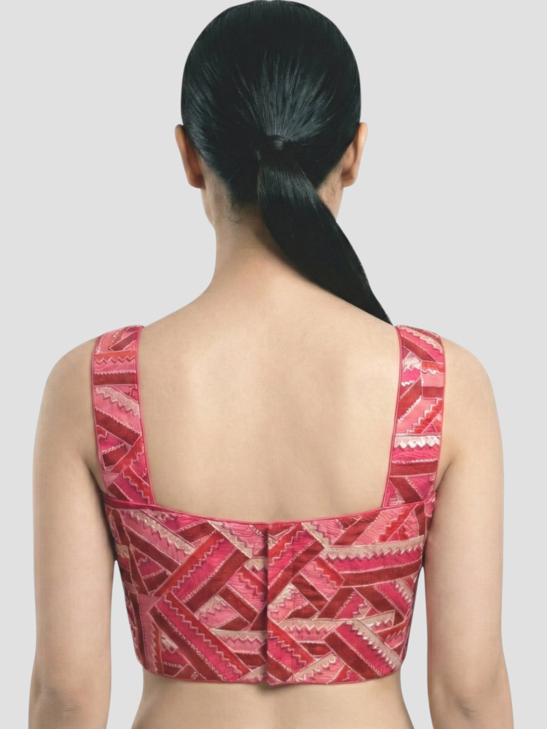 Pink Embroidered V-Neck Designer Blouse – Geometric Patterned Ethnic
