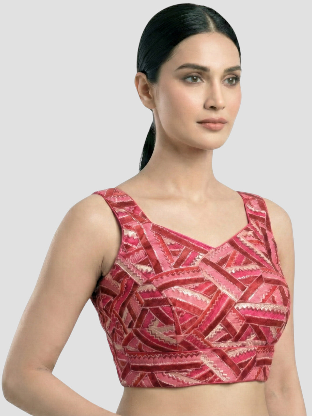 Pink Embroidered V-Neck Designer Blouse – Geometric Patterned Ethnic