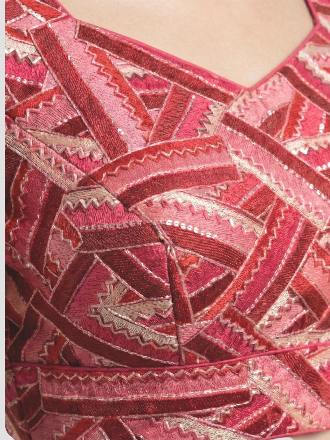Pink Embroidered V-Neck Designer Blouse – Geometric Patterned Ethnic