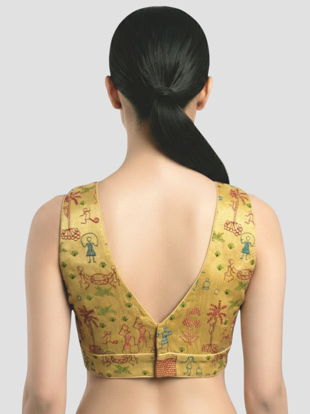 Handcrafted Tribal Motif Ethnic Golden Warli Art Silk Sleeveless Blouse with Deep V Neck