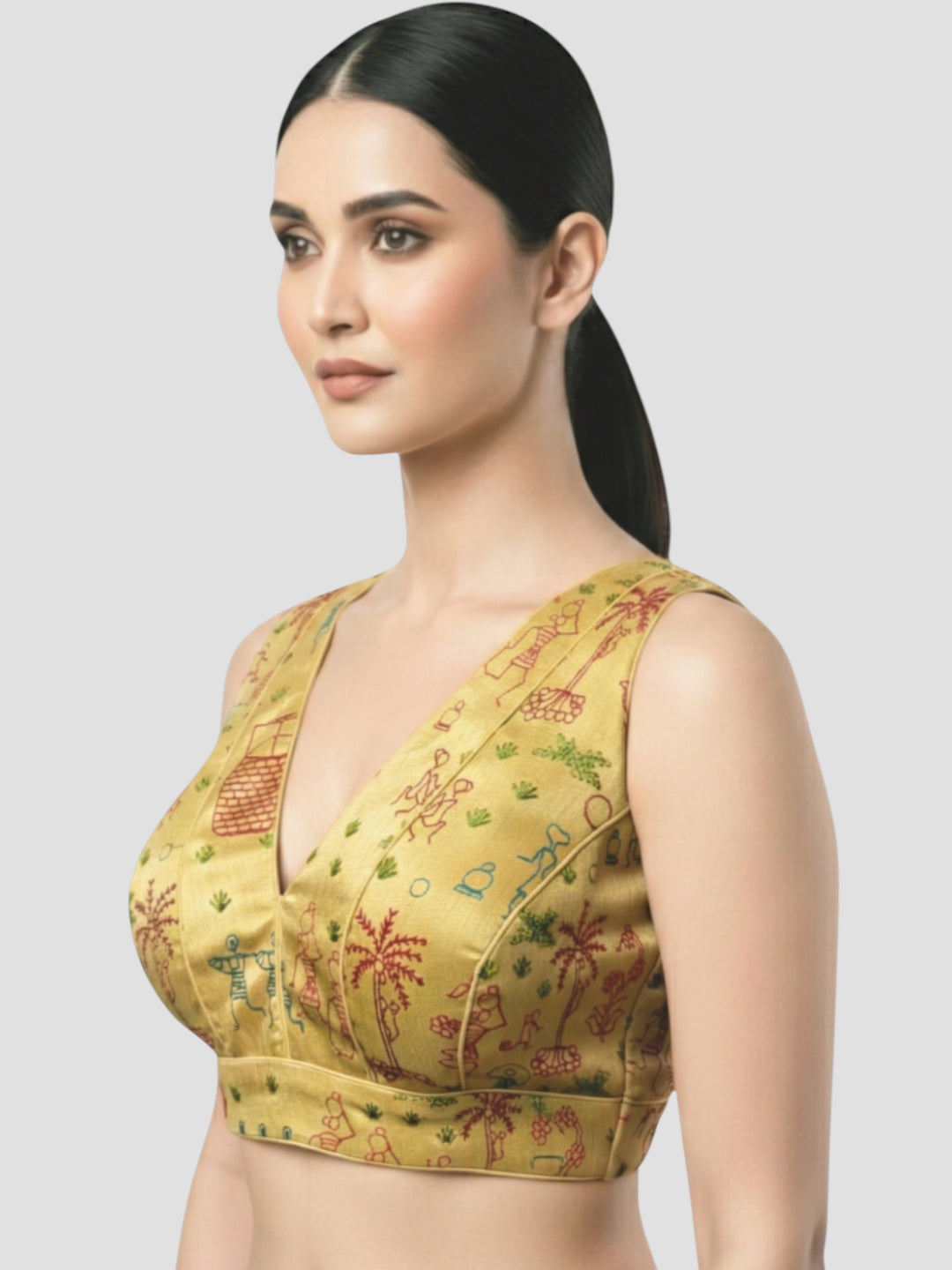 Handcrafted Tribal Motif Ethnic Golden Warli Art Silk Sleeveless Blouse with Deep V Neck