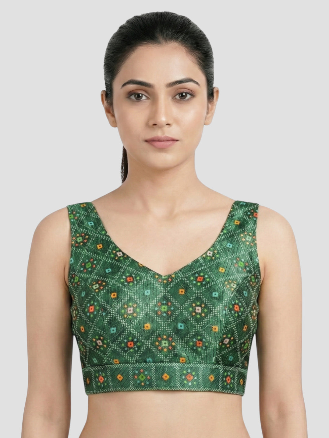 Green Printed Sleeveless V-Neck Ethnic Blouse with Deep Back Design