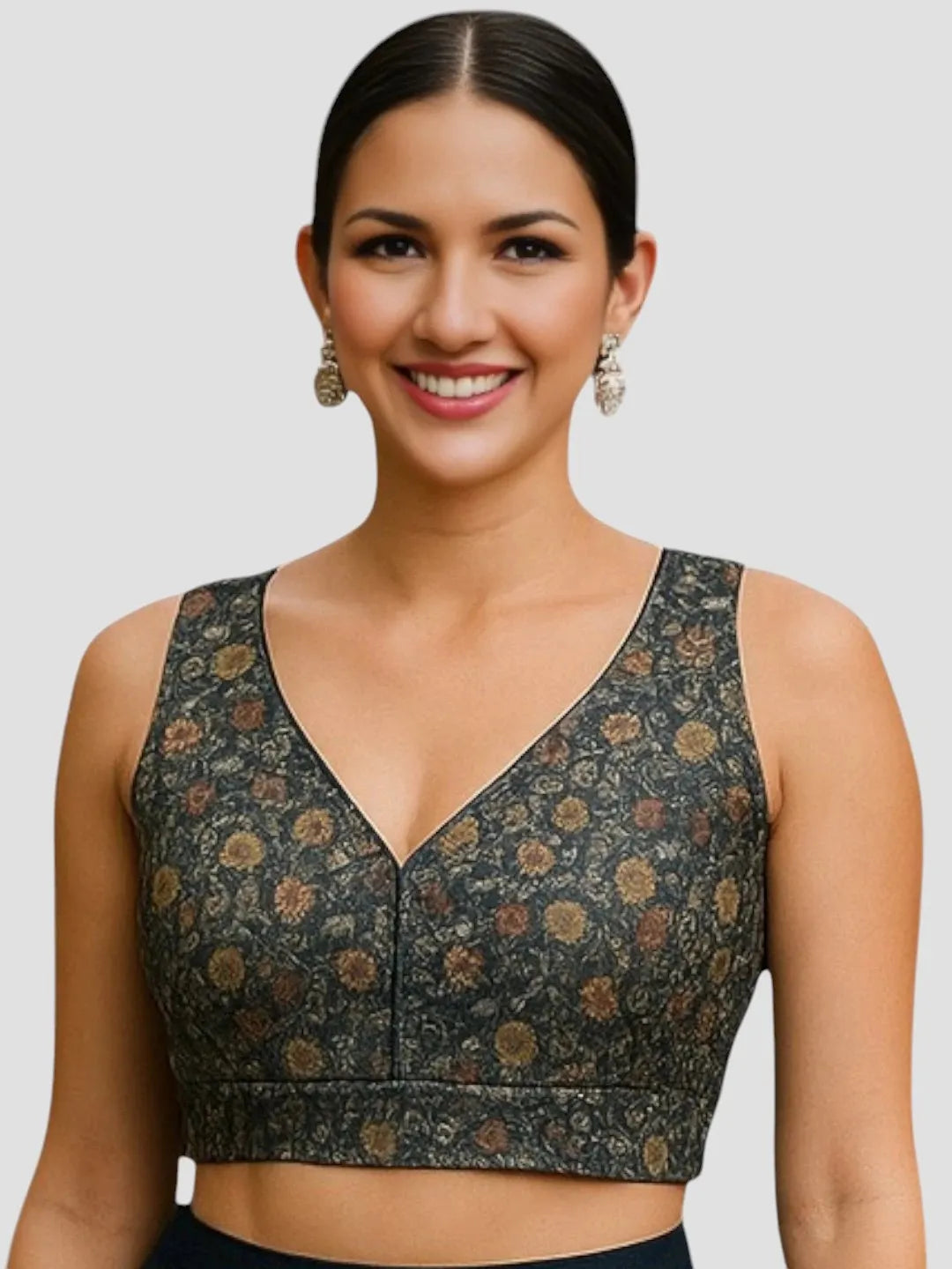 Black Floral Art Silk Sleeveless Readymade Saree Blouse