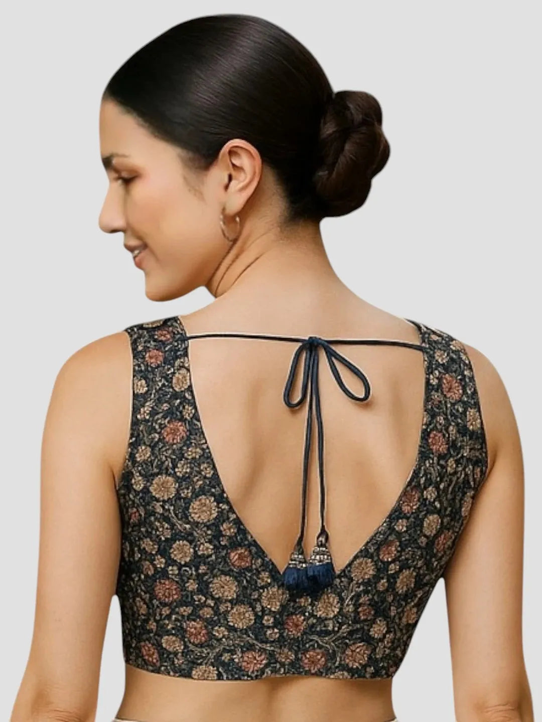 Black Floral Art Silk Sleeveless Readymade Saree Blouse