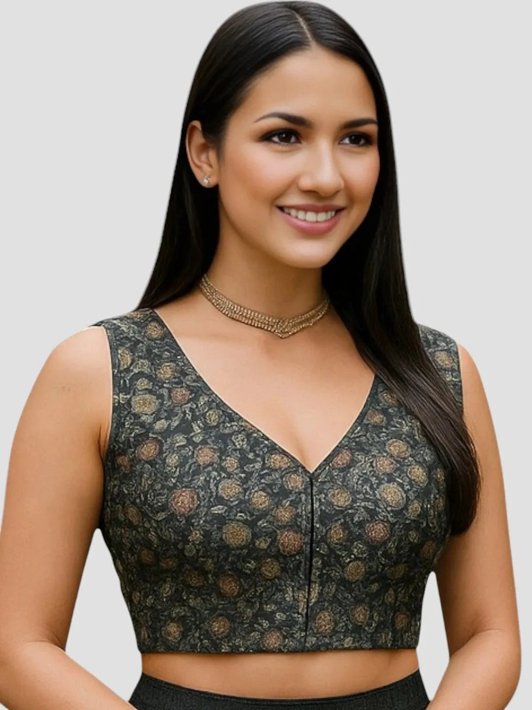 Black Floral Art Silk Sleeveless Readymade Saree Blouse