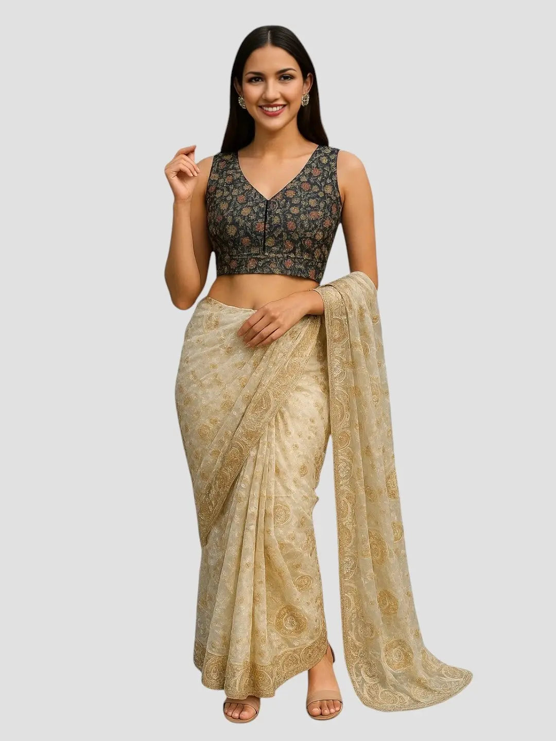 Black Floral Art Silk Sleeveless Readymade Saree Blouse