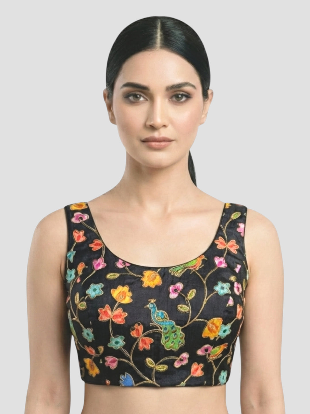 Black Embroidered Peacock & Floral Sleeveless Saree Blouse with Scoop Neck