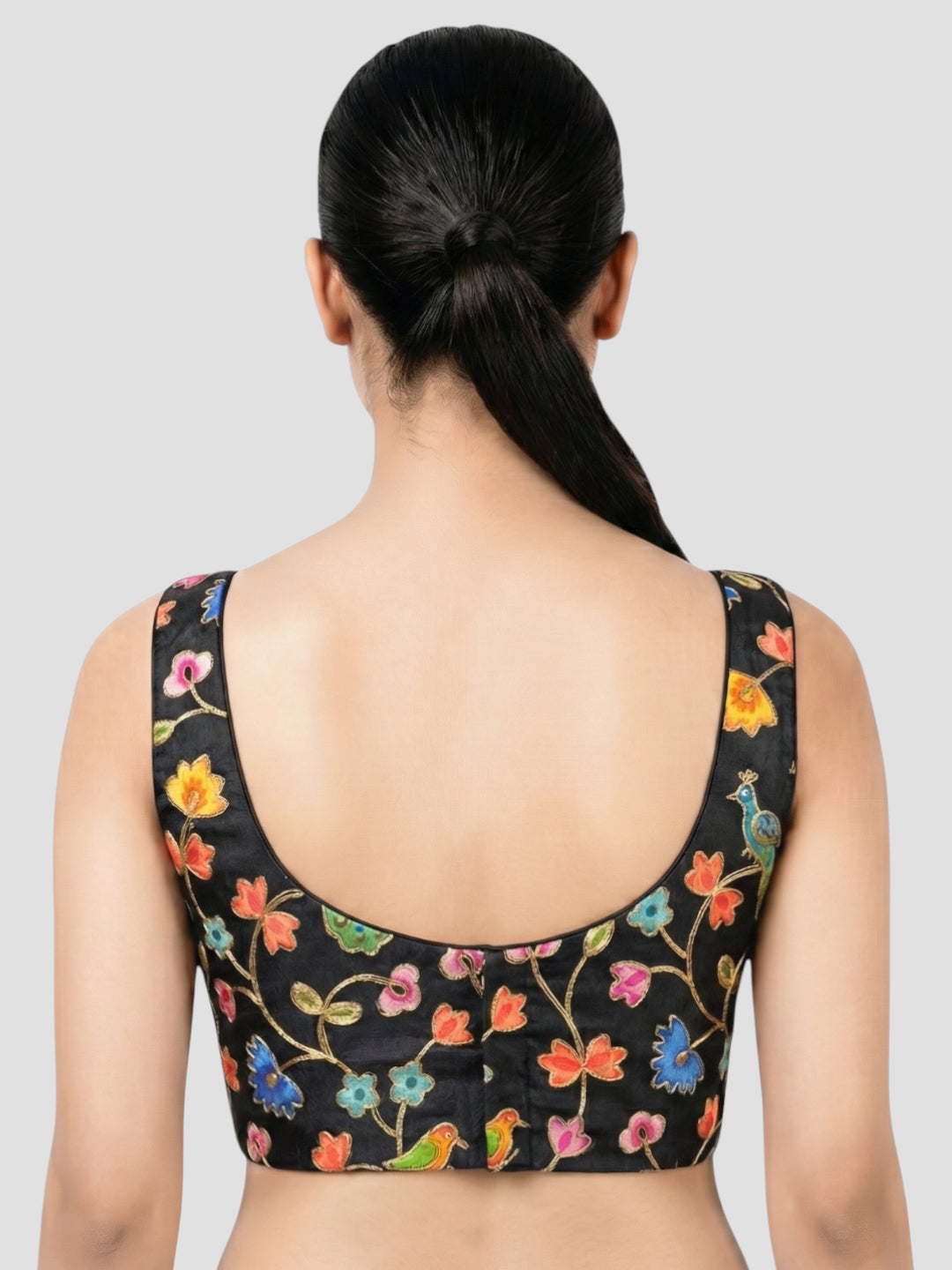 Black Embroidered Peacock & Floral Sleeveless Saree Blouse with Scoop Neck