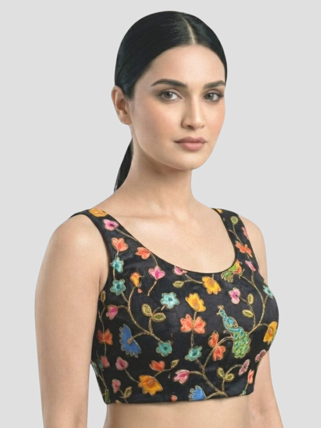 Black Embroidered Peacock & Floral Sleeveless Saree Blouse with Scoop Neck