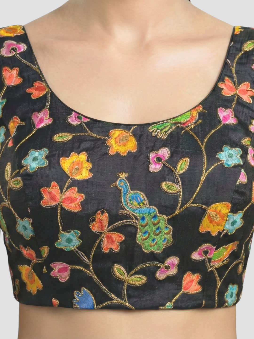 Black Embroidered Peacock & Floral Sleeveless Saree Blouse with Scoop Neck