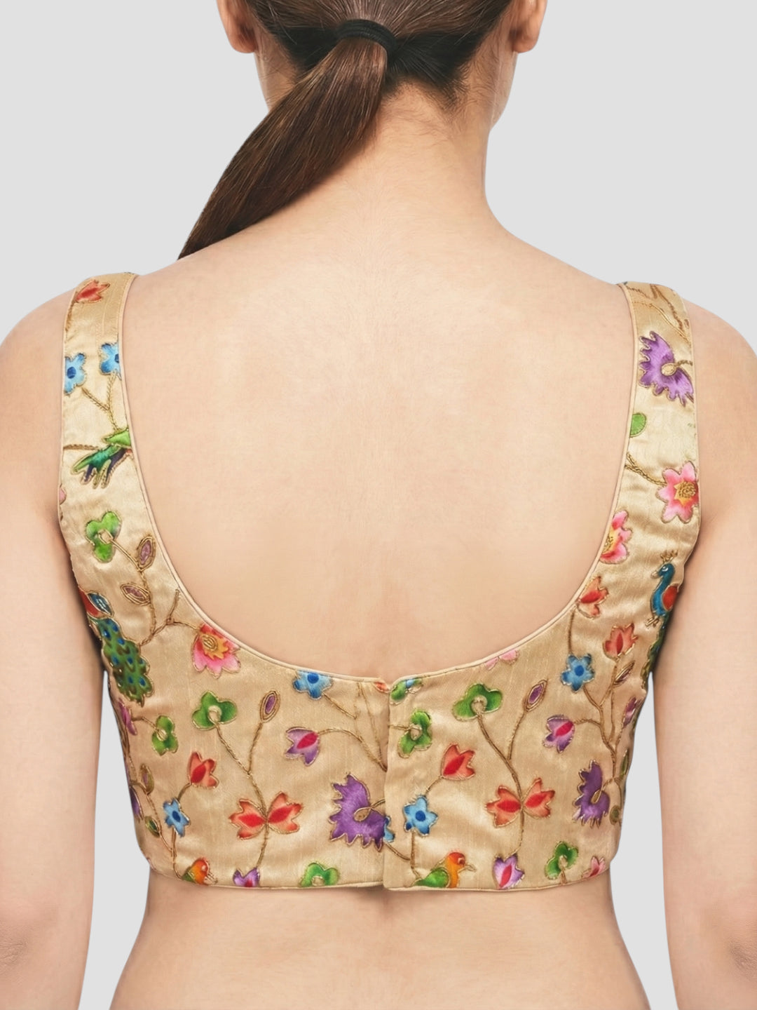 Gold Embroidered Peacock & Floral Sleeveless Saree Blouse with Scoop Neck