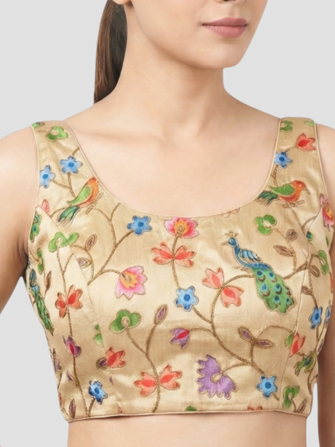 Gold Embroidered Peacock & Floral Sleeveless Saree Blouse with Scoop Neck