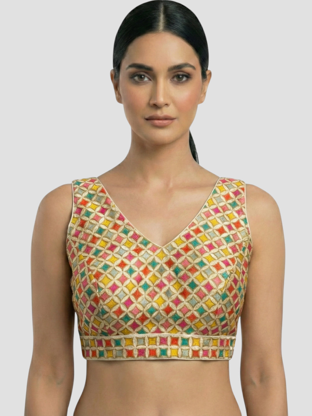 Multicolor Hand-Embroidered Geometric Blouse with V-Neck Front & Back