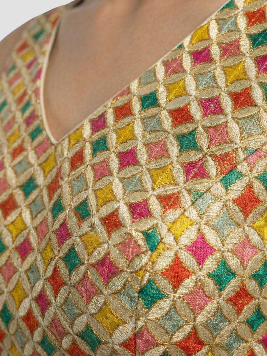 Multicolor Hand-Embroidered Geometric Blouse with V-Neck Front & Back