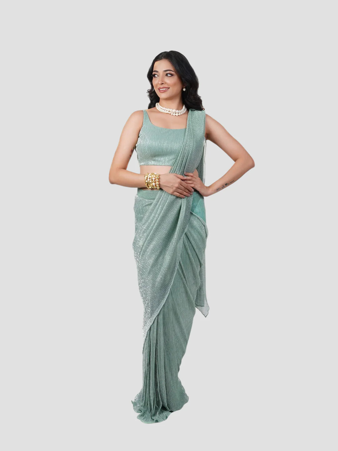 Mint Green Crush Tissue Saree With Readymade Blouse