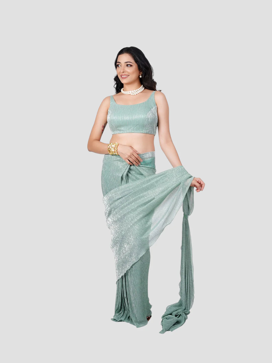 Mint Green Crush Tissue Saree With Readymade Blouse