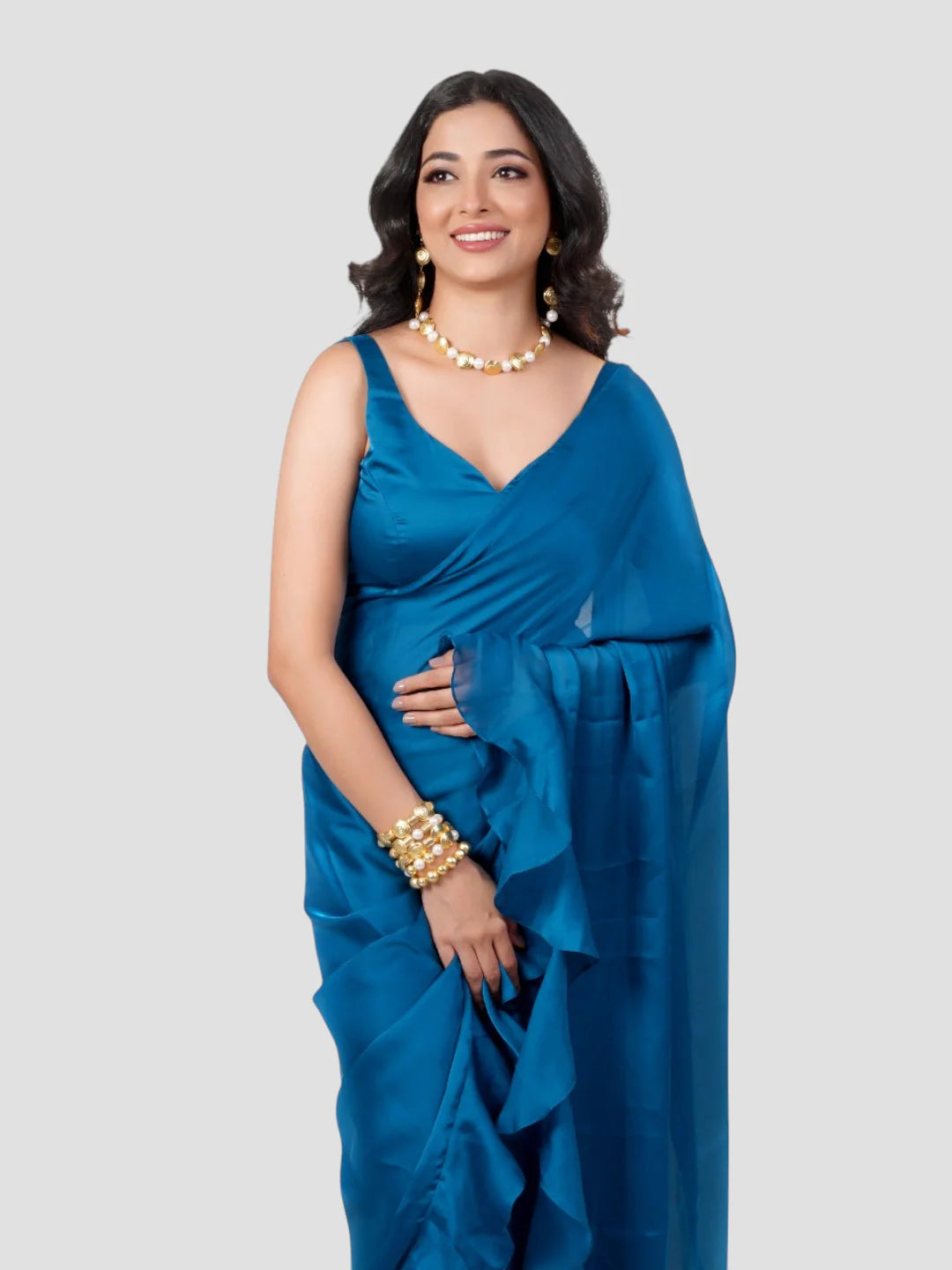 Blue Tissue Fabric Plain Saree With Readymade Blouse